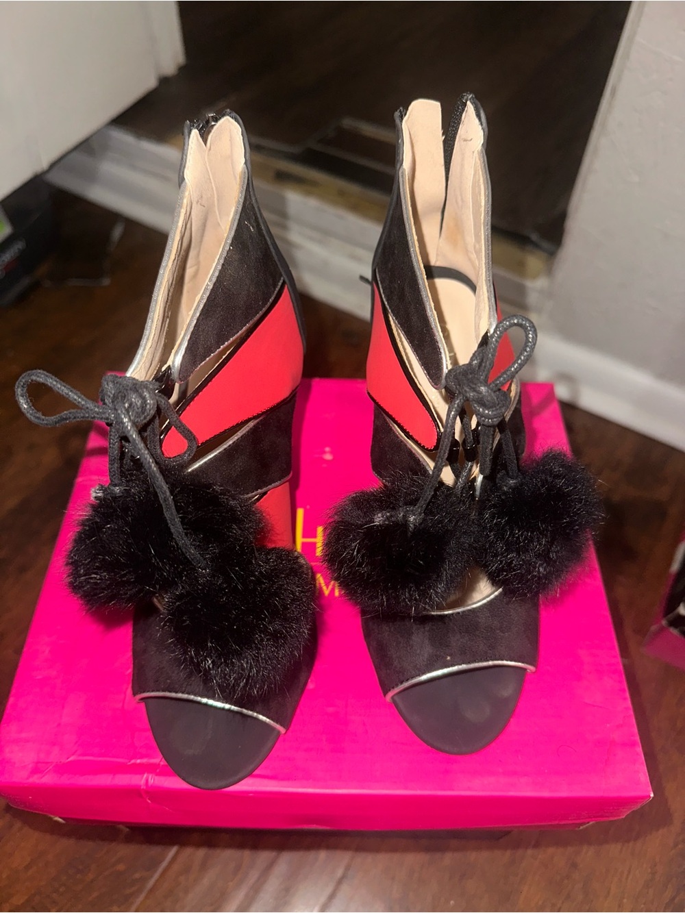 Catherine Women's Black and Red Pom-Pom Peep-Toe High Heels